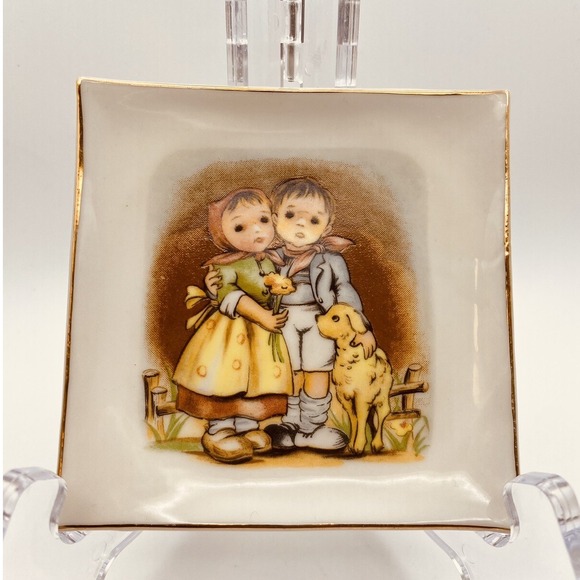 Vintage Goebel Hummel Style Porcelain Plate Trinket Dish Children Dog Gold - Picture 1 of 6